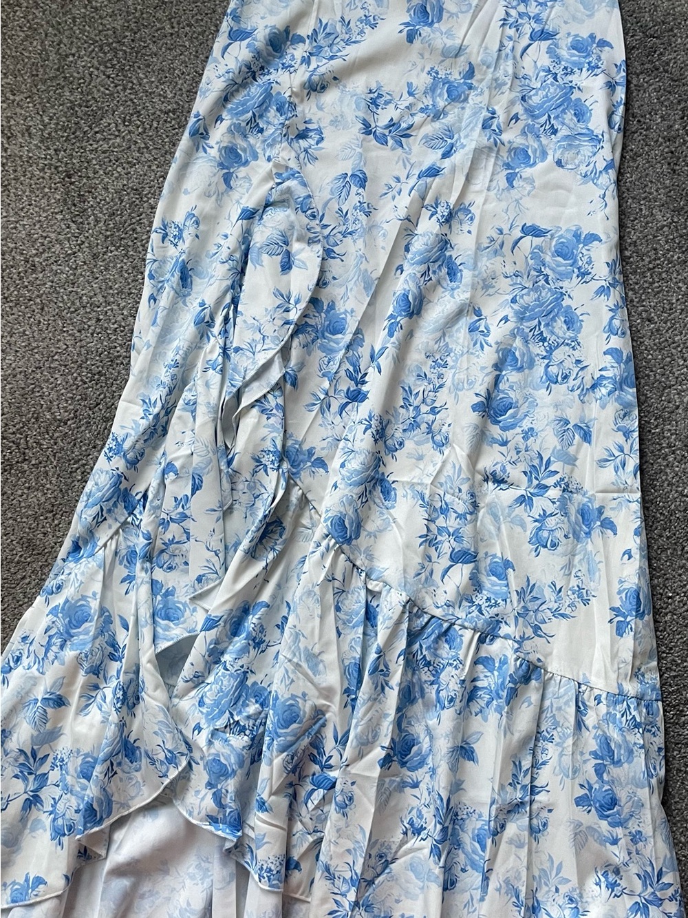 SHEIN White and Light Blue Floral Ruffle Maxi Skirt.